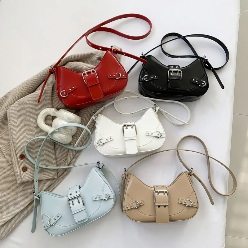 LEFTSIDE Belt Buckle Crossbody Bags for Women 2024 Korean Fashion Y2K Small PU Leather Saddle Bag Females Handbags and Purses