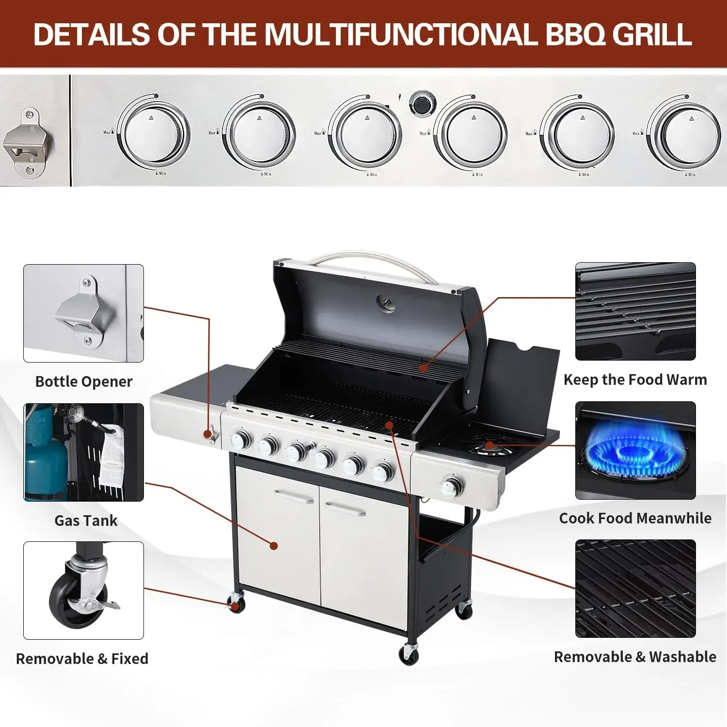 6 Burner BBQ Propane Gas Grill, 58,000 BTU Stainless Steel Patio Garden Barbecue Grill with Stove and Side Table