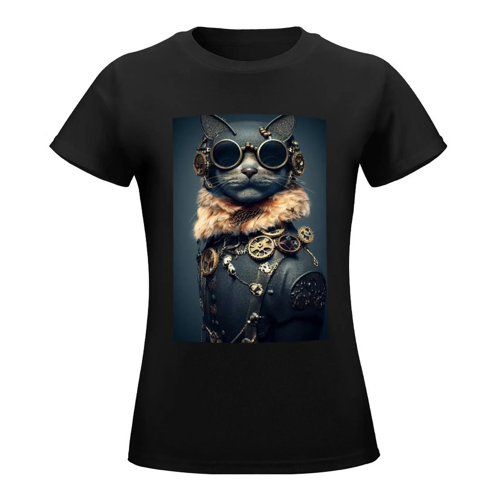 Steampunk cat T-Shirt cute tops lady clothes T-shirt Women