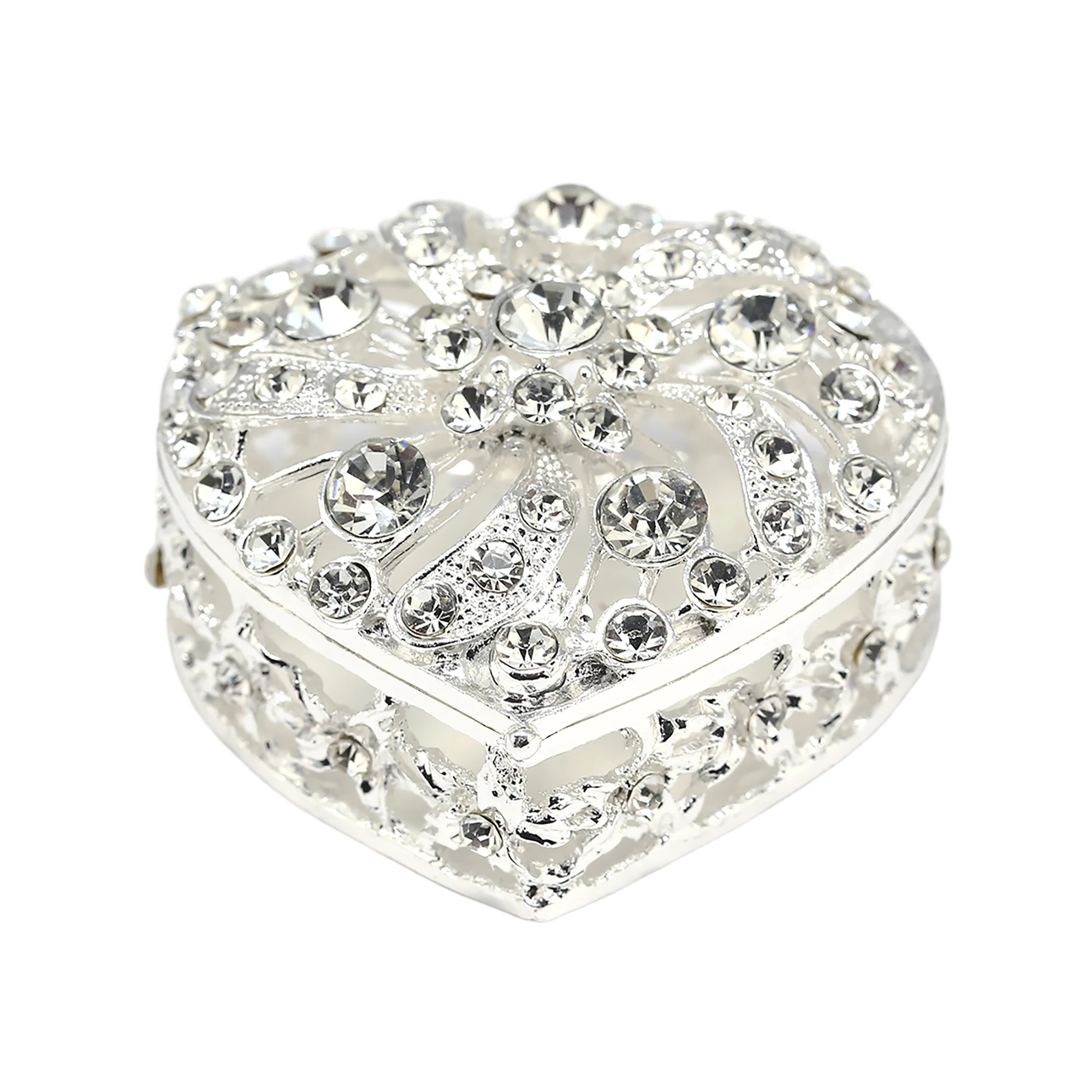 Silver Heart Shaped Jewelry Box for Wedding Coins Decoration Jewellery Box with Rhinestone Wedding Gift for Bride Collection Box