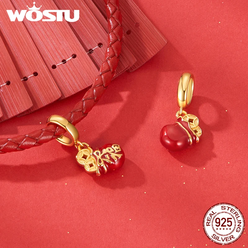 WOSTU 925 Sterling Silver Red Fortune Charms 18K Gold Lucky Pendant Cat Pawprint Beads Original for Women Bracelet New Year Gift