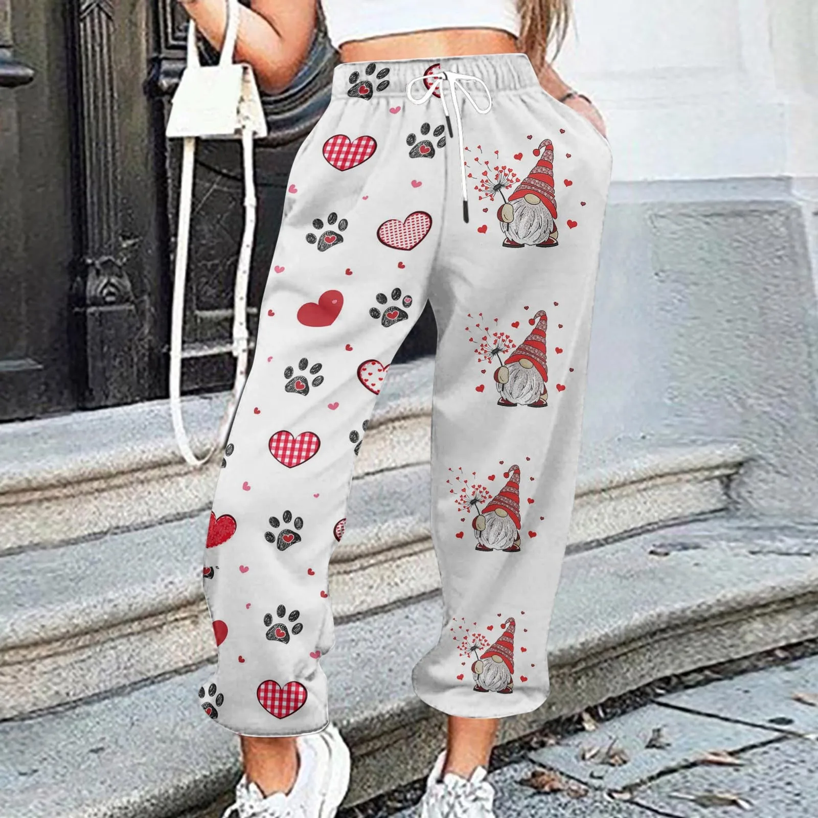 Weites Bein Hosen Frauen Valentinstag drucken unten Jogging hose Taschen hohe Taille Sport Gym Jogger gerade Hosen Jogger Basic Hose