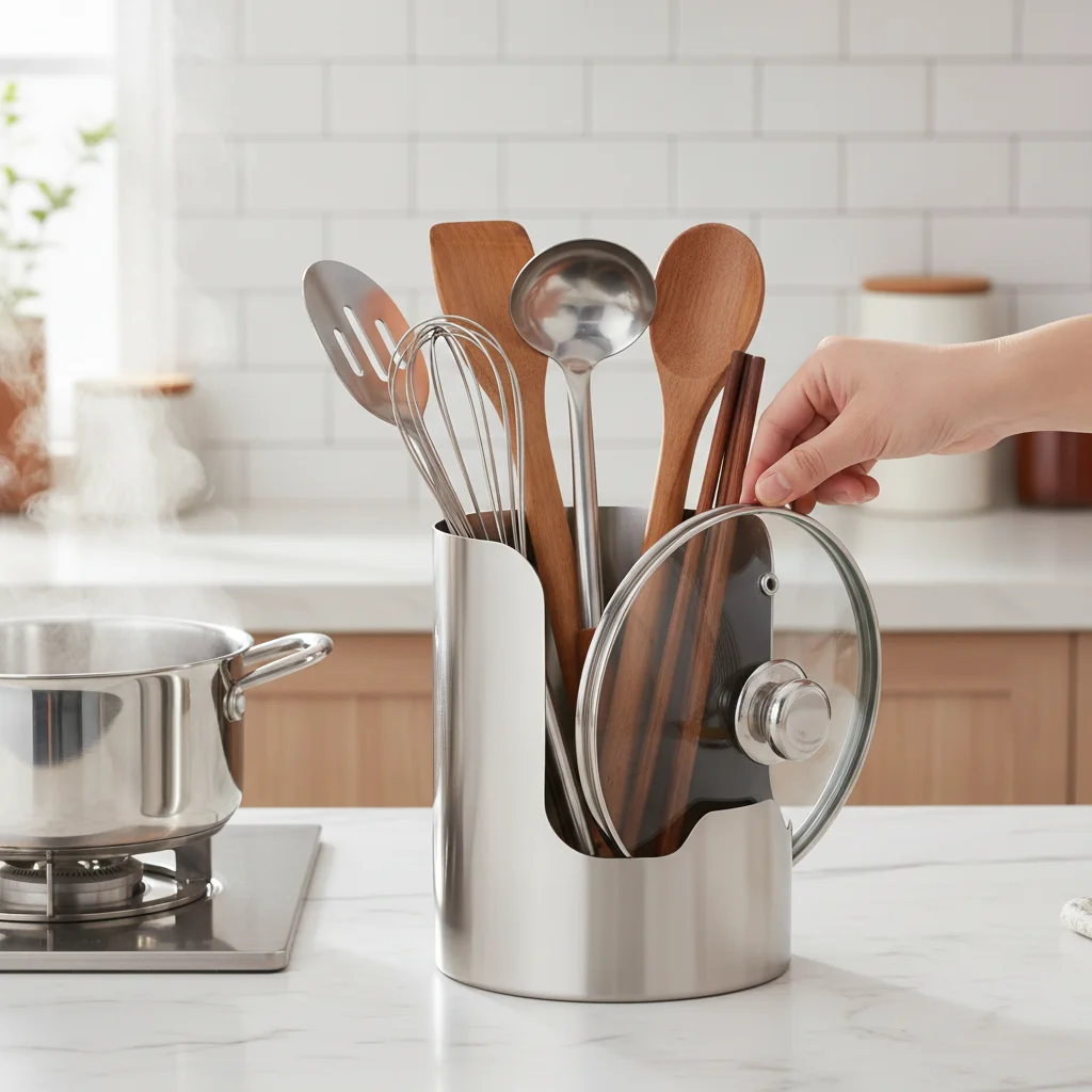 Multi Functional Stainless Steel Pot Lid Holder with Cutlery Rest for Kitchen Counter Organization Silver