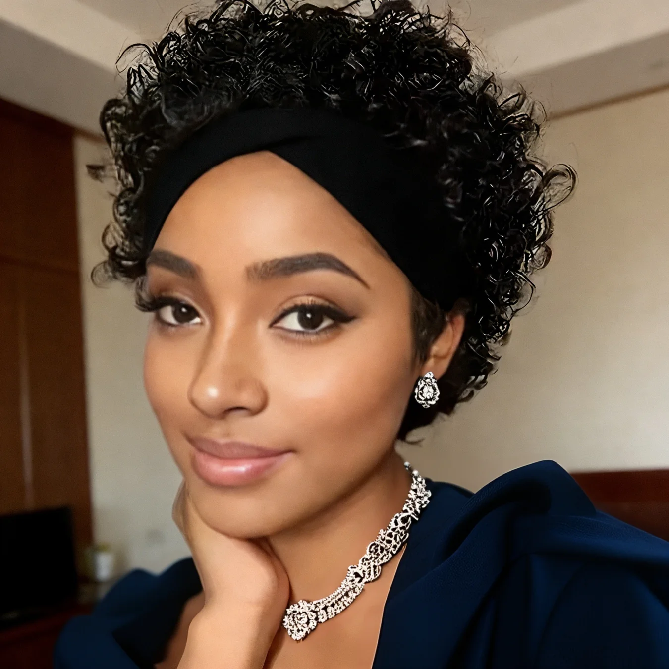 Headband Wig Human Hair Jerry Curl Pixie Cut for Women 180% Density Machine Made Rose Net Cap Beginners Friendly Short Curly Wi