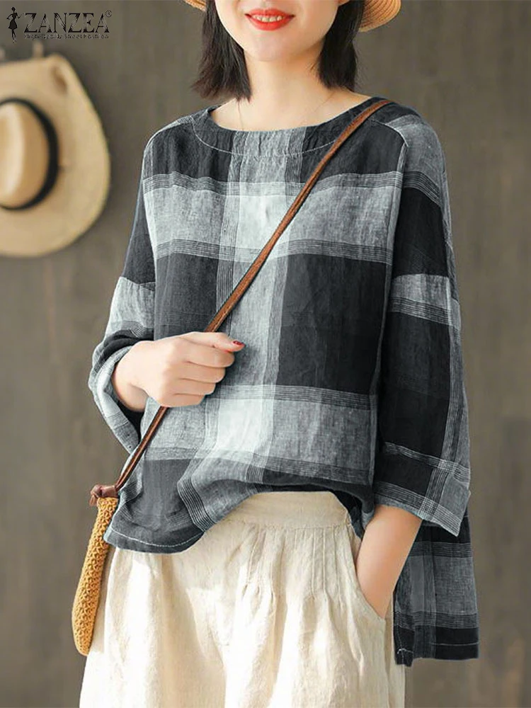 

ZANZEA Vintage Fashion Plaid Blouses Woman 2025 Autumn Round Neck Long Sleeve Checked Blusas Mujer Casual High-Low Chemise Femme