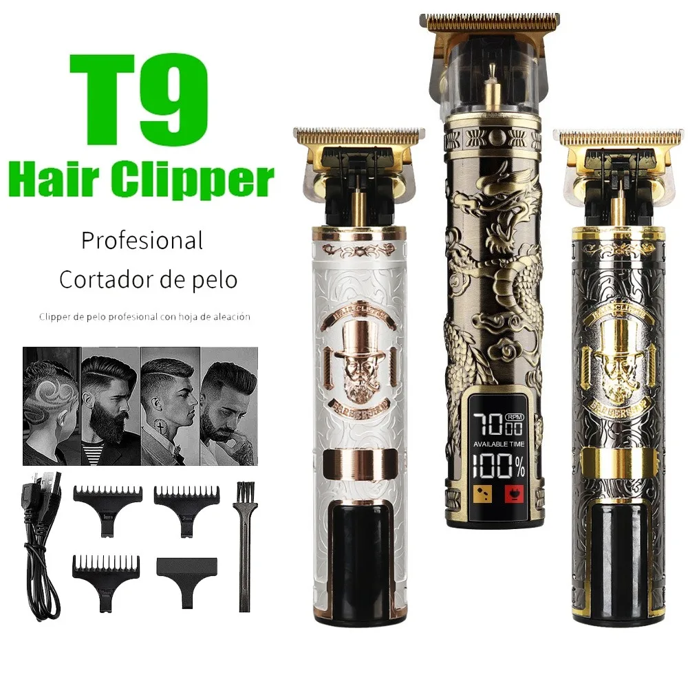 USB Electric LCD Hair Clipper Trimmer All In One Gold Light Head Rechargeable Hair Clipper Oil Head Hair Carving Mark Raz