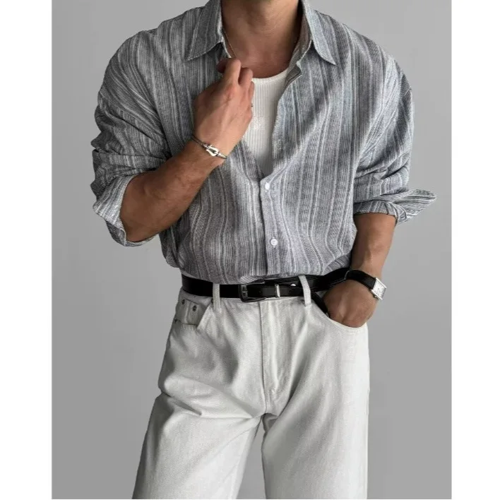 

Vintage Mens Striped Printed Shirt Long Sleeve Turn-down Collar Buttoned Shirts Autumn New Casual Slim Fit Men Cardigan Shirts