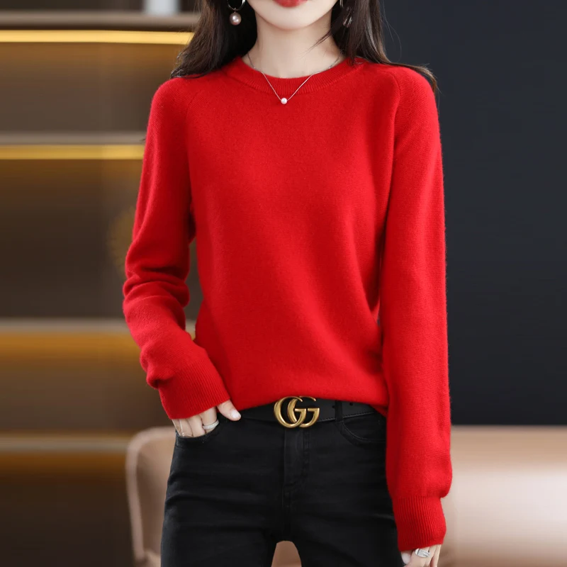 Autumn and winter 100% pure sweater ladies new round neck shoulder long sleeve fashion classic knitted pullover.