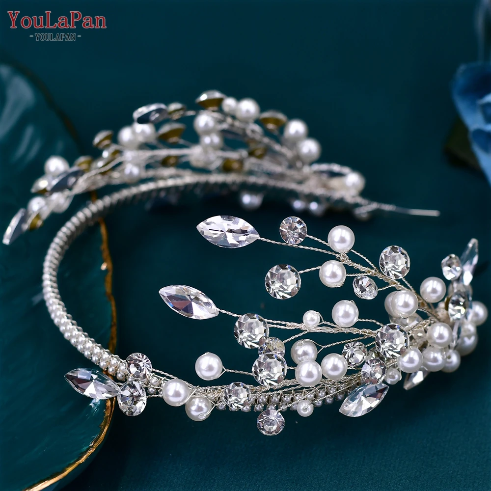 TOPQUEEN Rhinestone Beaded Headband Bridal Wedding Hair Jewelry Fashion Woman Party Hairpiece Bride Wedding Pearl Headwear HP582