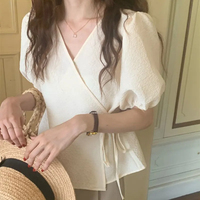 Blouses Women Summer Korean Style V-neck Design Simple Puff Sleeve Leisure Lace-up All-match Vintage Elegant Daily Trendy Tops