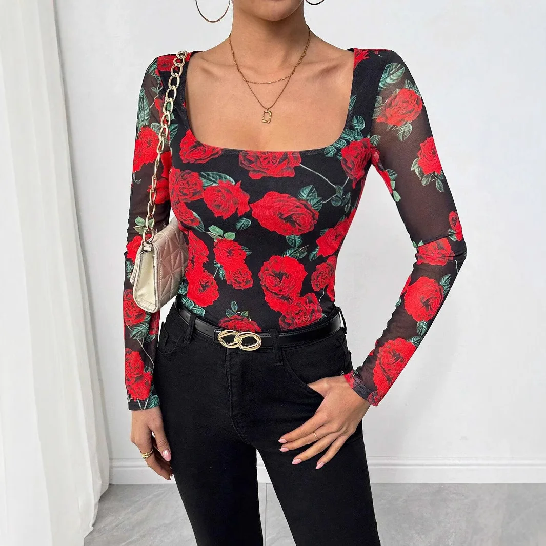 

2025 Fall/Winter New Arrival Women's French Romantic Floral Mesh Print Sexy U-Neck T-Shirts European & American Style Clothing