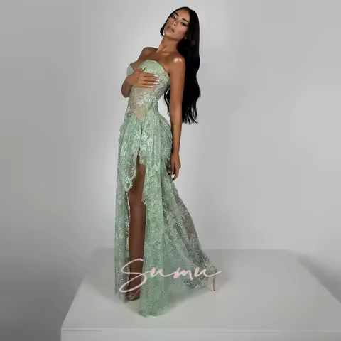 Green Lace Illusion Design Prom Dress Asymmetrical Elegant Slim-Fit Banquet Cocktail Party Evening Dress Charming Customized