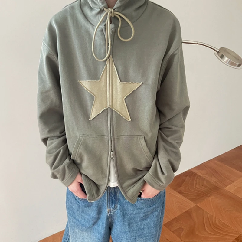 Dourbesty 2022 Autumn Hoodies Harajuku Y2K Vintage Star Patched Zip Up Sweatshirts Grunge Korean Fashion E-girls Sweatshirt Coat