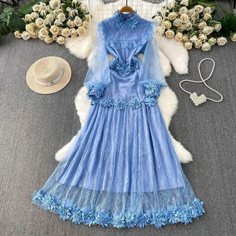 

2026New Women Embroidery 3D Flower Dress Sheer Long Sleeves Aesthetic High Quality French Style Court Fairy Lace Prom Maxi Dress