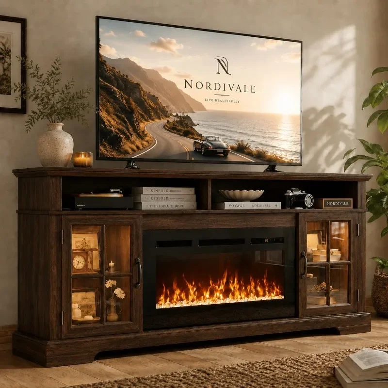 Fireplace TV Stand, Modern Entertainment Center TV Console with Storage Cabinets, Media Console for Living Room