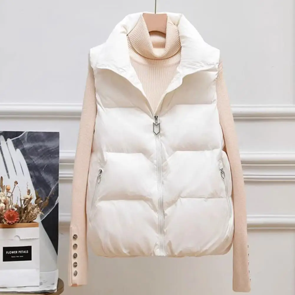 Solid Color Jacket Stylish Women's Winter Waistcoat With Zipper Pockets Turn-down Collar Outdoor Sports Coat For Leisure