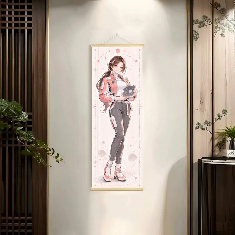 Anime Women in Cream, Pink, Navy and Mint Outfits Hanging Scroll with Soft Floral Illustration for a Cozy Reading Nook