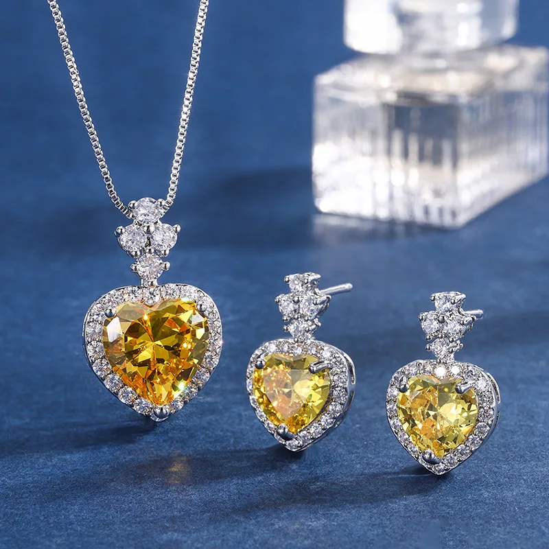 New High-end Jewelry Color Treasure Yellow Diamond Jewelry Set Earrings Main Stone 9*9 Pendant Necklace 12*12 Jewelry