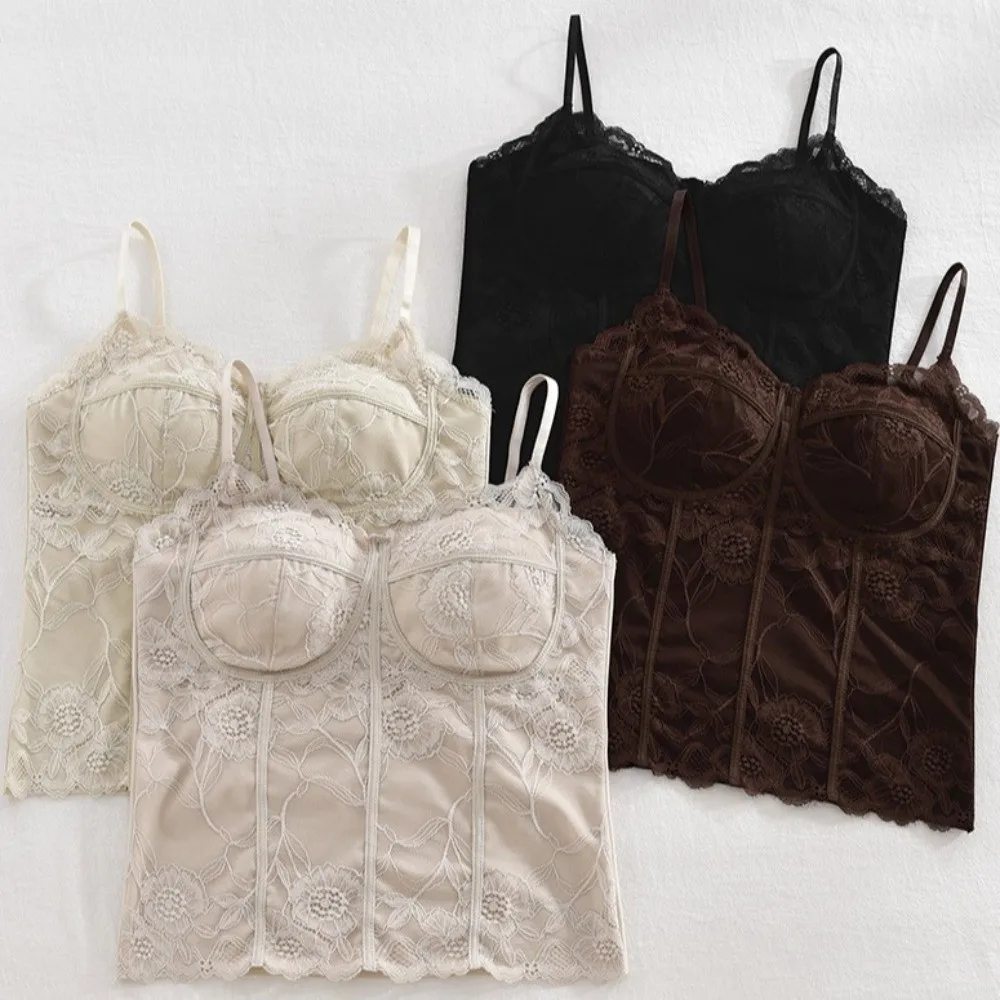 ファッションメッシュフラワー スリムレースクロップトップ ボトムシャツ フィッシュボーンライン ガールズベストトップ Vネックベスト キャミソール パッド付き レディース