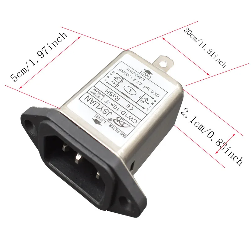 AC 115-250V 10A IEC 320 C14 Male Plug 3 Pins Black PCB Panel Power Socket Connector EMI Filter for Fitness Equipment