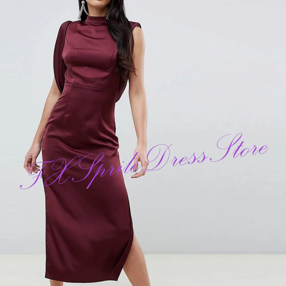 High Collar Purple Straight Tea Length Evening Dress Simple Satin Sleeveless Pleats Sexy Saudi Arabia Vestido De Noche Women