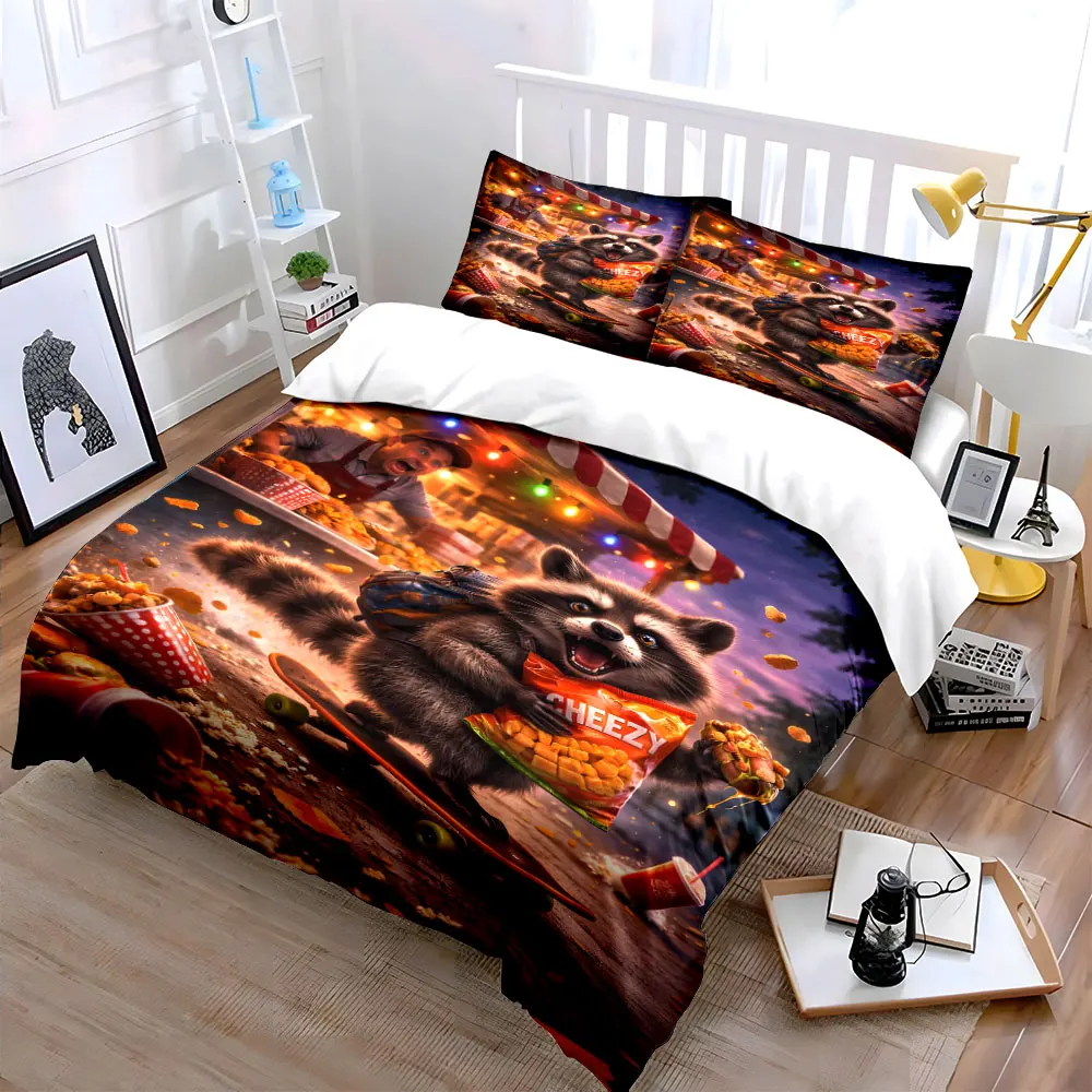 Raccoon Skateboard Snack Frenzy Pattern Duvet Cover Set Digital Print Colorful Polyester Bedding with Zipper Closur for gifts
