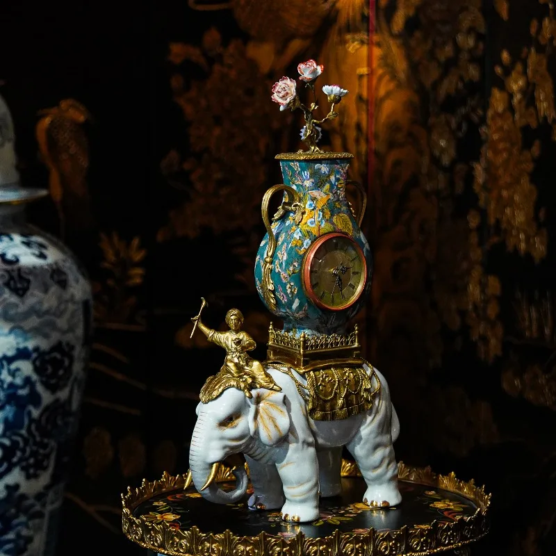 

HX99 new Chinese high temperature ceramics, copper inlaid elephant clock living room, desktop decoration, entrance ornament