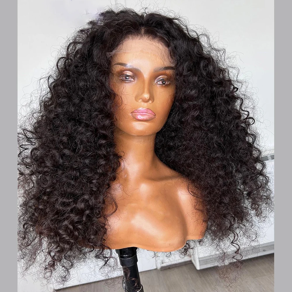 Soft Long 26inch Natural Black Glueless 180Density Kinky Curly Deep Lace Front Wig For Women With Baby Hair Preplucked Daily