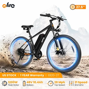 Rower elektryczny Qlife Racer dla dorosłych, moc 1200W, 48V 10.4Ah, opony 27.5 cala, elektryczny rower górski, prędkość 28 MPH, zasięg 55 mil, rower elektryczny terenowy, 21 biegów.