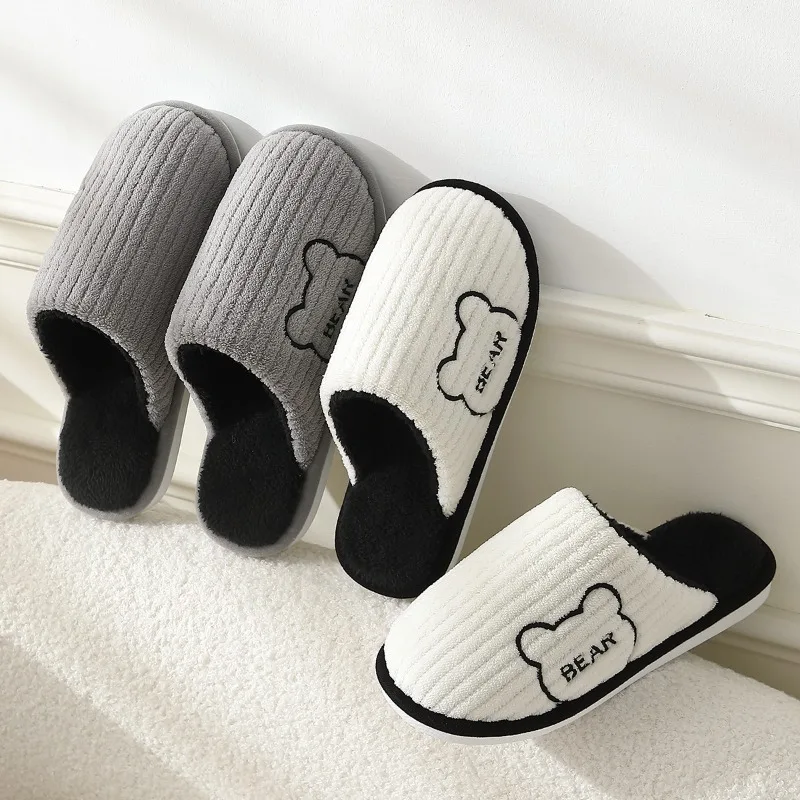 Women Men Winter Cartoon Embroidery Plush Slippers Thick Sole Corduroy Warm Indoor Home Shoes Soft Non Slip Couple House Slipper