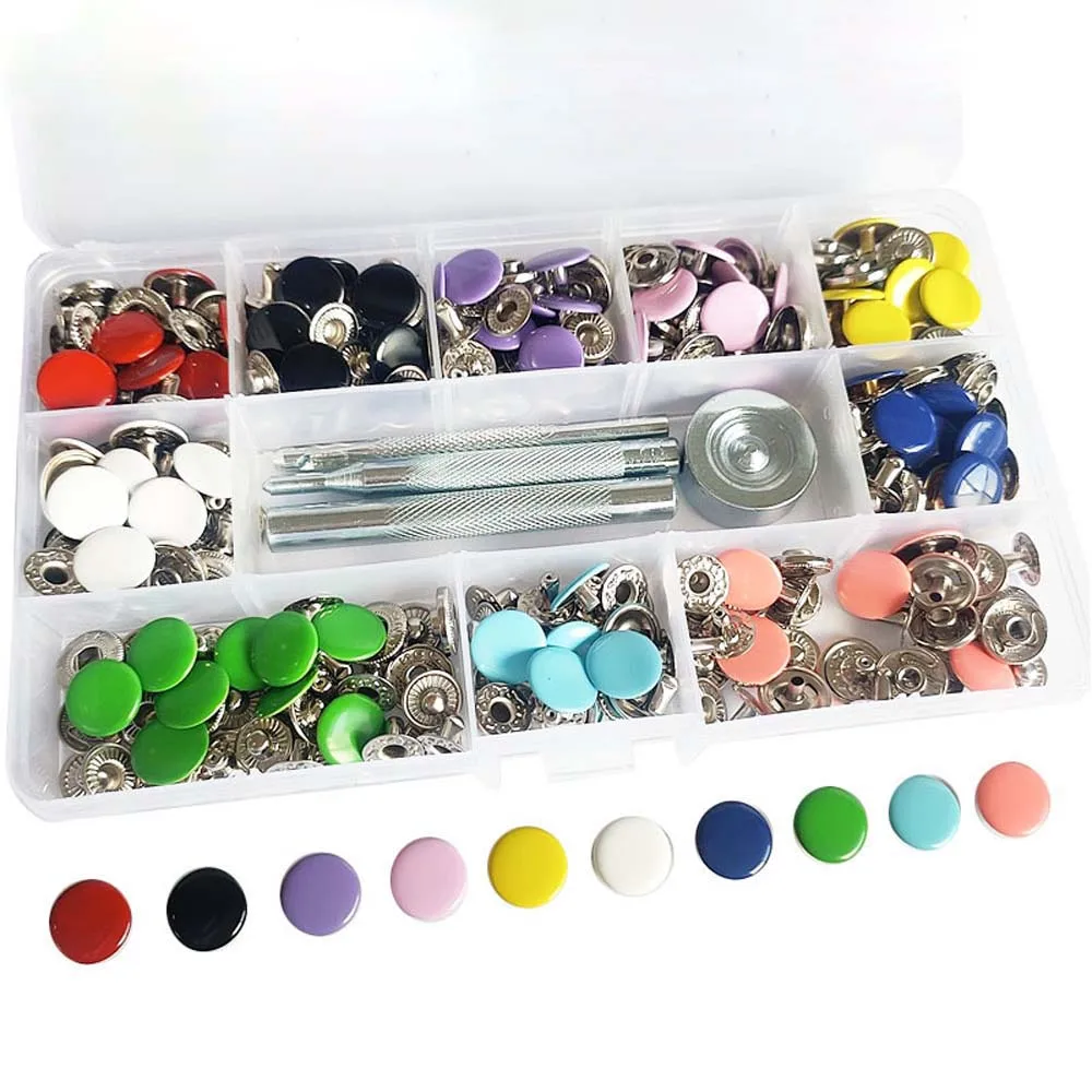 100Set Snap Fasteners Metal Snaps Press Button Studs Optional Installation Tools Kit Leathercraft Clothes Garment Bags Shoes