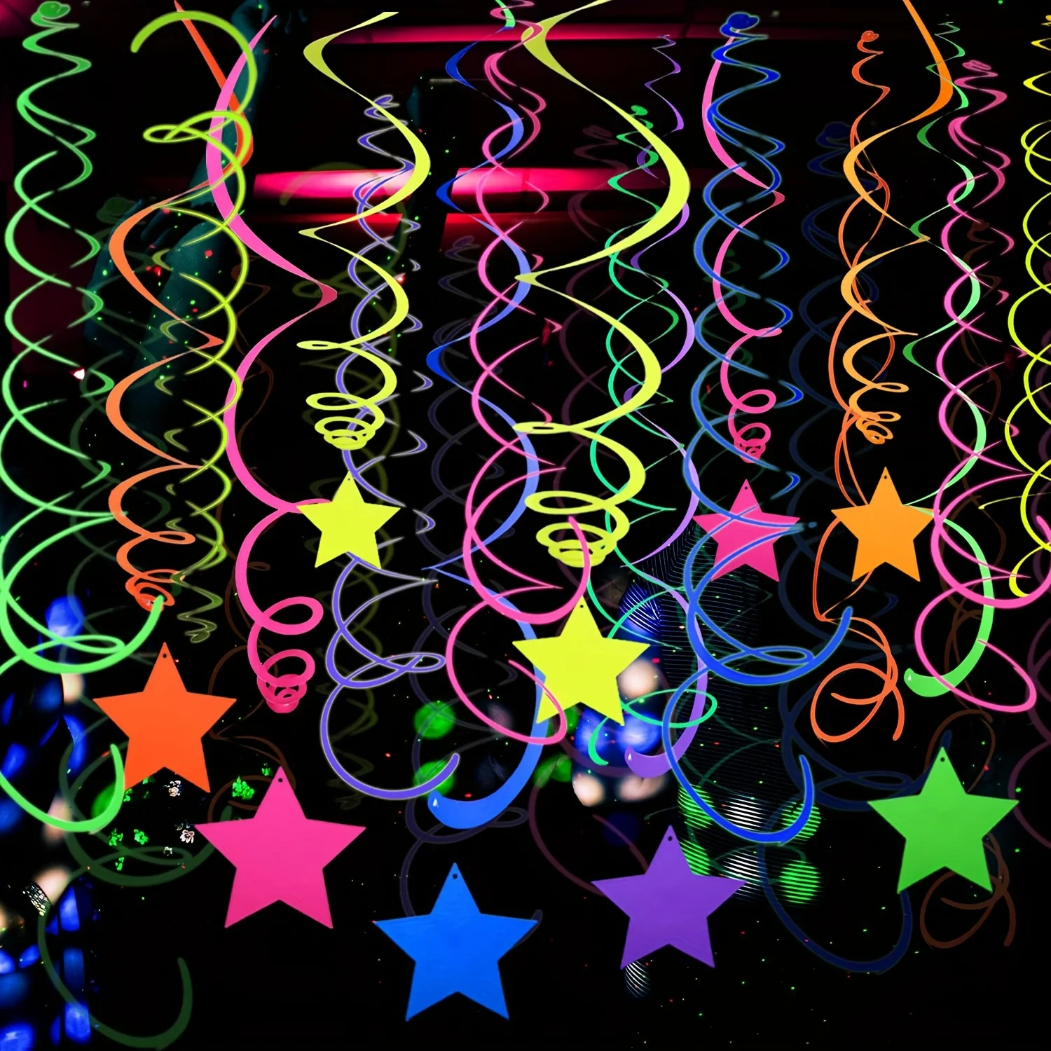 5 pièces de décorations de plafond en forme d'étoiles et de spirales réfléchissantes néon avec pompons suspendus, pour fêtes sous lumière noire et anniversaires
