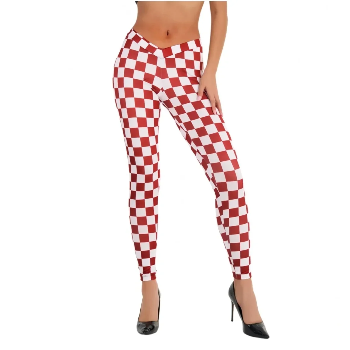 Womens Red White Checkered Print High Waist V Cross Waist Stretch Yoga Leggings Tummy Control Workout Running Gym Pants