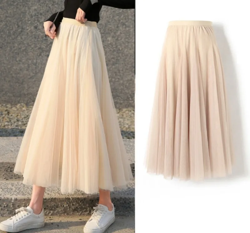 Hot Women Mesh Elastic Tutu Skirt Beach Spring Summer Korean High Waist Fashion Pleated Long Skirt Black White Tulle Skirts