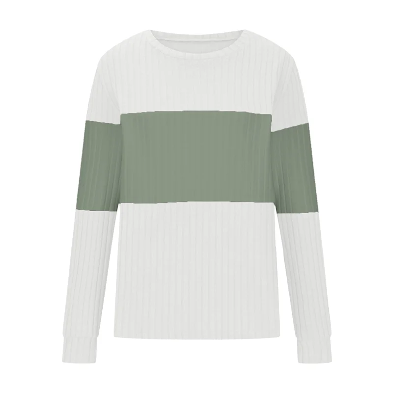 ABRT-Blocked Tops For Women Full Length Sleeve Tunic Casual Patchwork Crew Neck Cozy Knitted Blouse Pullover
