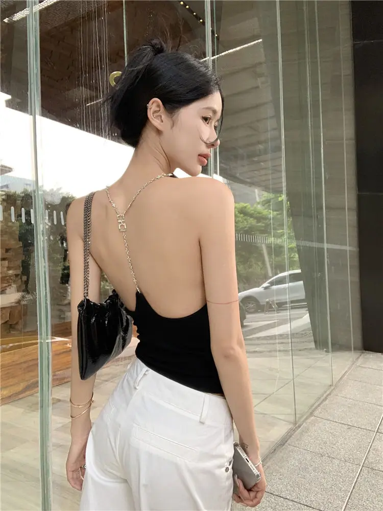 Sexy Open-Back Metal Chain Vest Swing Collar Women Tank Top American Style Summer Hollow Out Y2K Crop Tops Fashion Daily Holiday