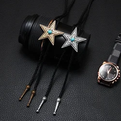 Bolo Tie New Retro Shirt Chain Blue Stone Pentagram Poirot Collar Leather Necklace Long Tie Pendant  Women Men Accessories