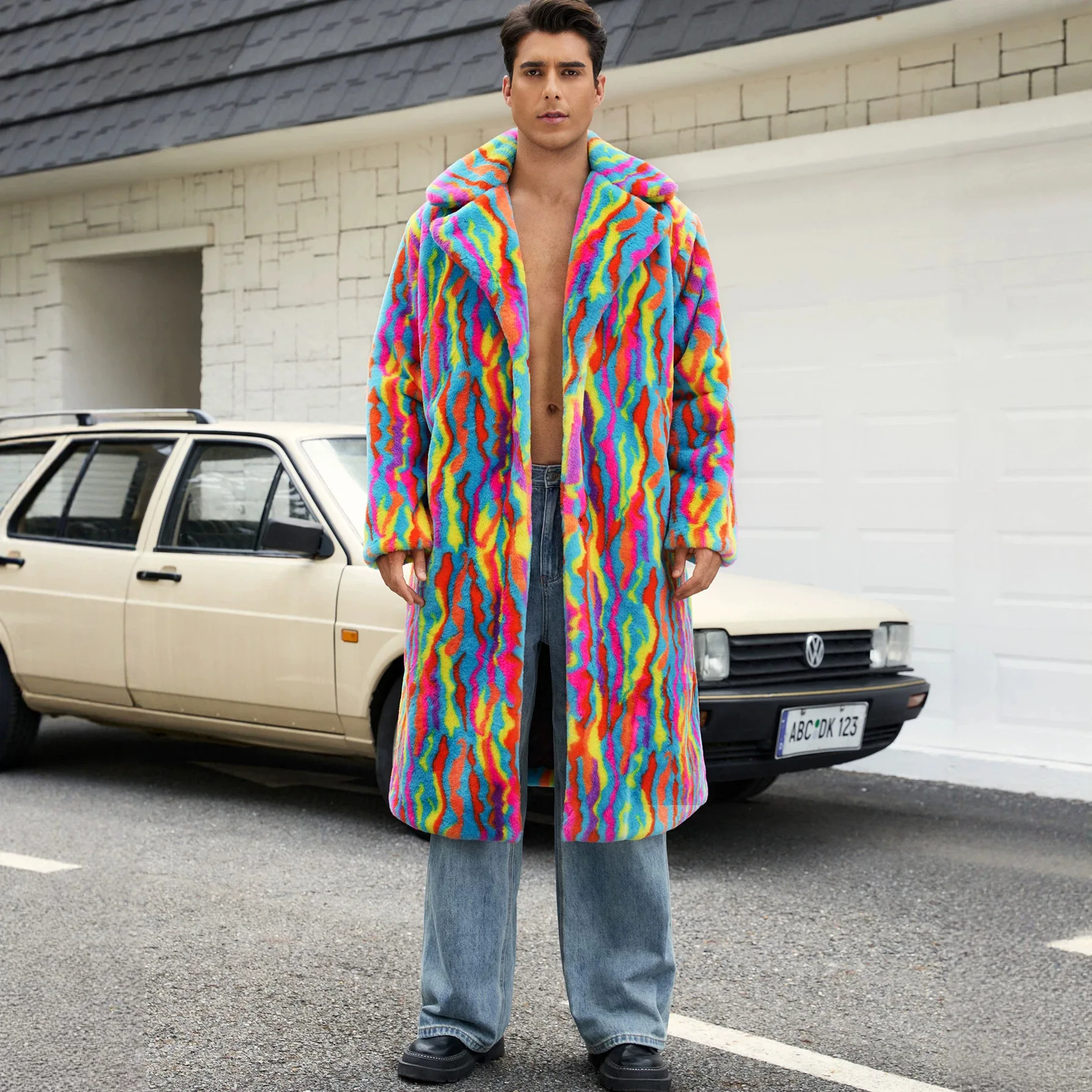 Long Coats Men Turn Down Collar Full Sleeve Faux Fur Jackets Thick Warm Y2k Streetwear Open Front Work Outerwear Autumn Winter