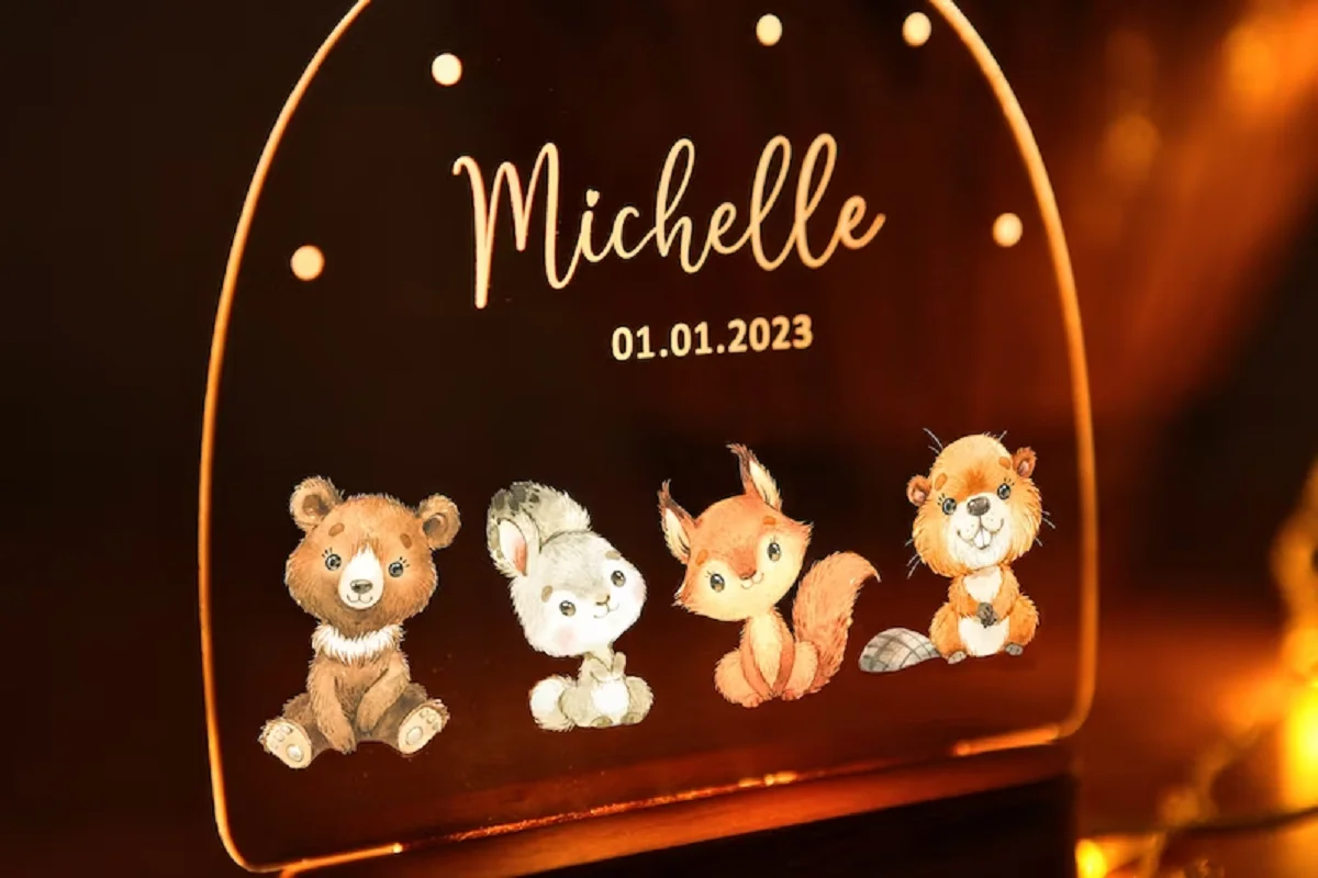 Luz Nocturna personalizada con Base de madera para bebé, luz de animales, regalo de nacimiento, nombre personalizado, regalo de guardería, Dropshipp