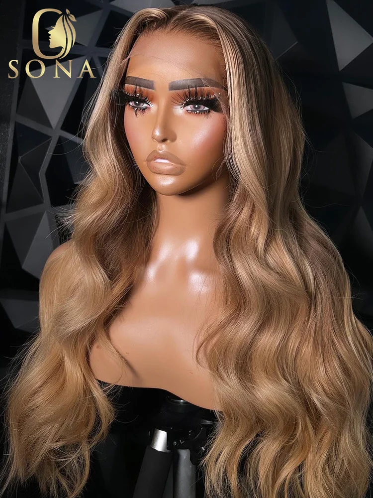 Ombre Honey Blonde 13X6 13X4 Transparent Lace Front Human Hair Wig Brown Root Glueless Body Wave Light Ash Blonde Pre Plucked