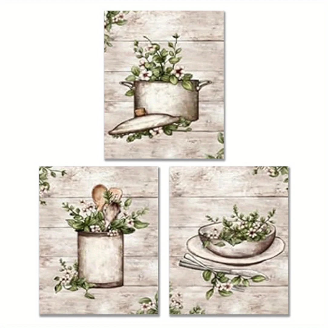 （NOframe 3PCS）-2D Flat 3pcs Frameless Vintage Kitchen Wall Art Canvas Farmhouse Kitchenware Painting Prints Vintage Ware with