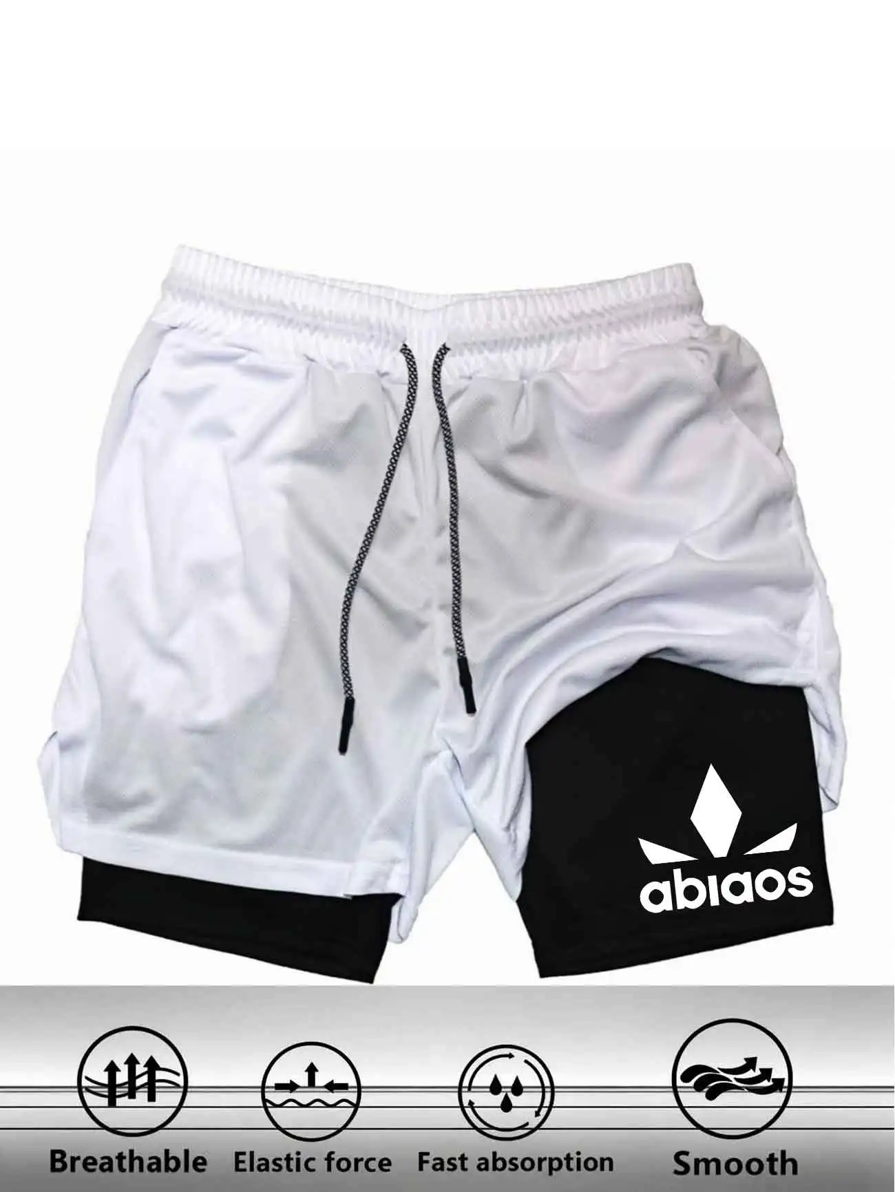 Summer Men Double Deck Running Shorts Geometric Logo Print Breathable Elastic Waist Gym Activewear Shorts