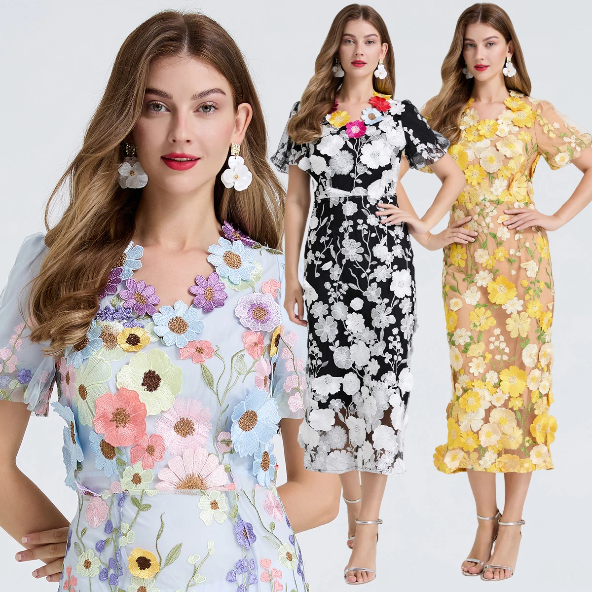

Embroidered three-dimensional V-neck decal summer elegant bubble sleeve dress V-neck slit dress