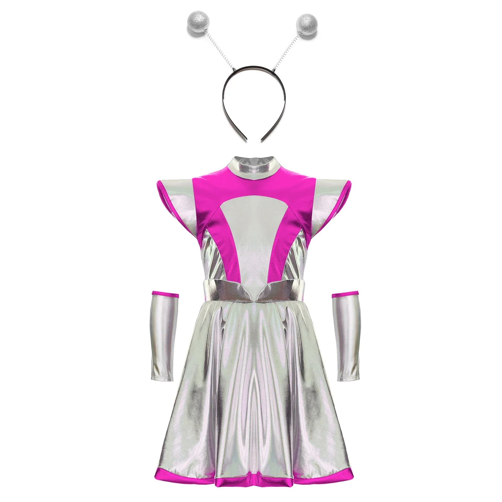 

Girls Alien Costume Outer Space Cosplay Suit Metallic Sleeveless Dress with Arm Sleeve Hair Hoop Halloween Space Man Outfit