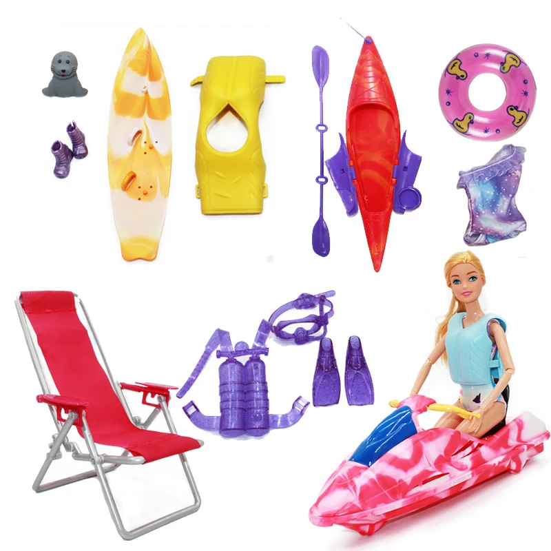 New 13pcs/Pack Beach Playset Accessories for 30cm Girl Dolls Include Motorboat Beach Chair Surfboard Diving Suit Toys for Kids