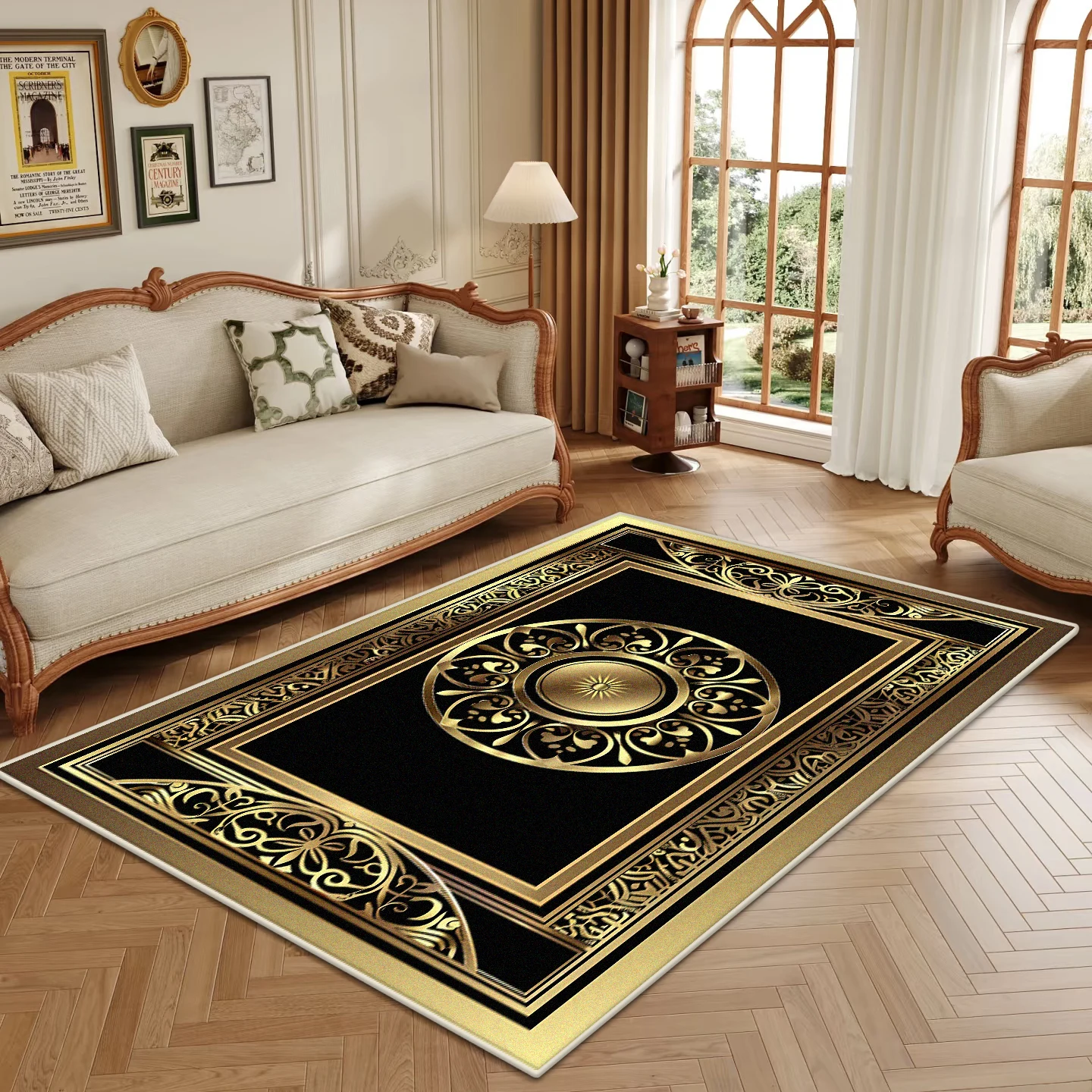 Retro Luxury Golden Border Carpet Living Room Black Non-slip Big Size Decoration Bedroom Rug Soft Easy Clean Entrance Door Mat