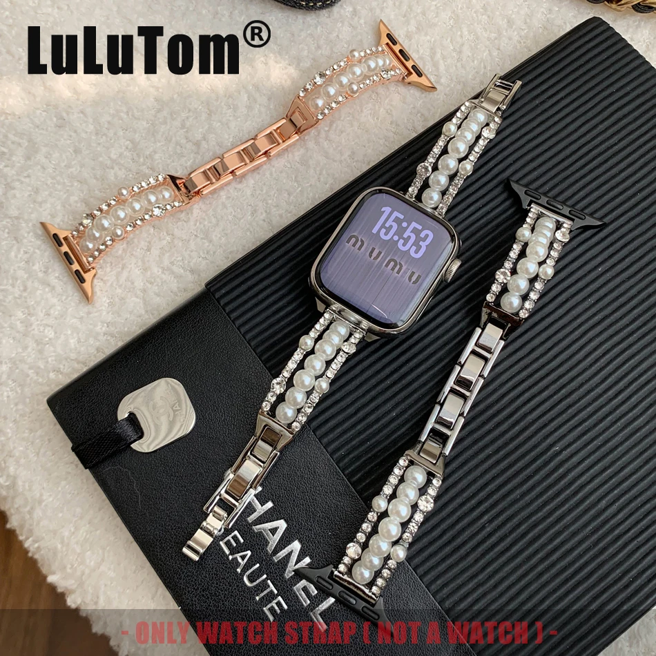 

Band For Apple Watch Series 11 10 9 8 7 6 SE 5 4 UItra iWatch 49/46/45/44/42/41/40/38mm Women Elegant Pearl Metal Bracelet Strap