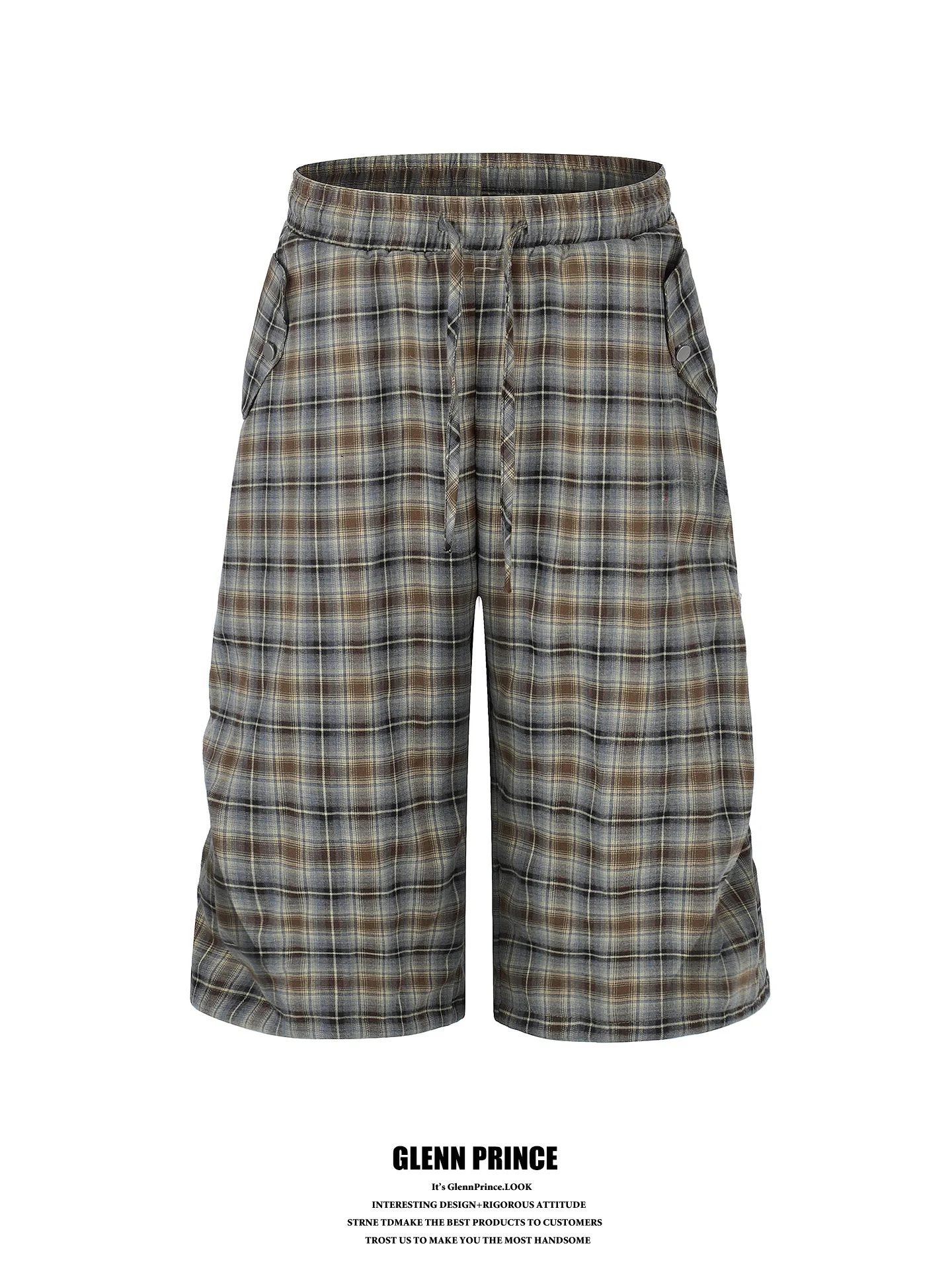 American Retro Pleated Plaid Casual Men's 7/8 Length Pants Loose Fit Wide Leg Short Shorts Elastic Waist City Walk Shorts
