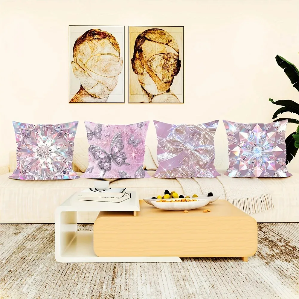 

Pink Glitter Butterfly Cushion Cover 2D Flat Printed Peach Skin Pillowcase Diamond Crystal Decorative Throw Pillow for Sofa Home