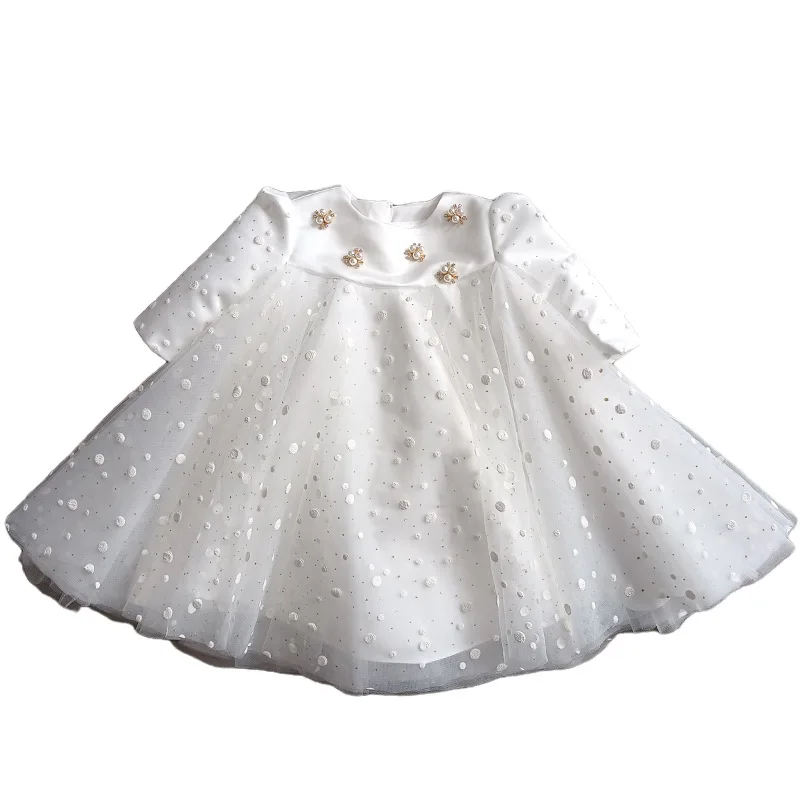 Children pearl sleeveless Dresses for Girls white bow princess Palace Dress baby Baptismal and Birthday Party Gown Wedding Dress